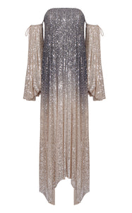 Off shoulder Flowy Sequin Gown with Gathered Sleeve