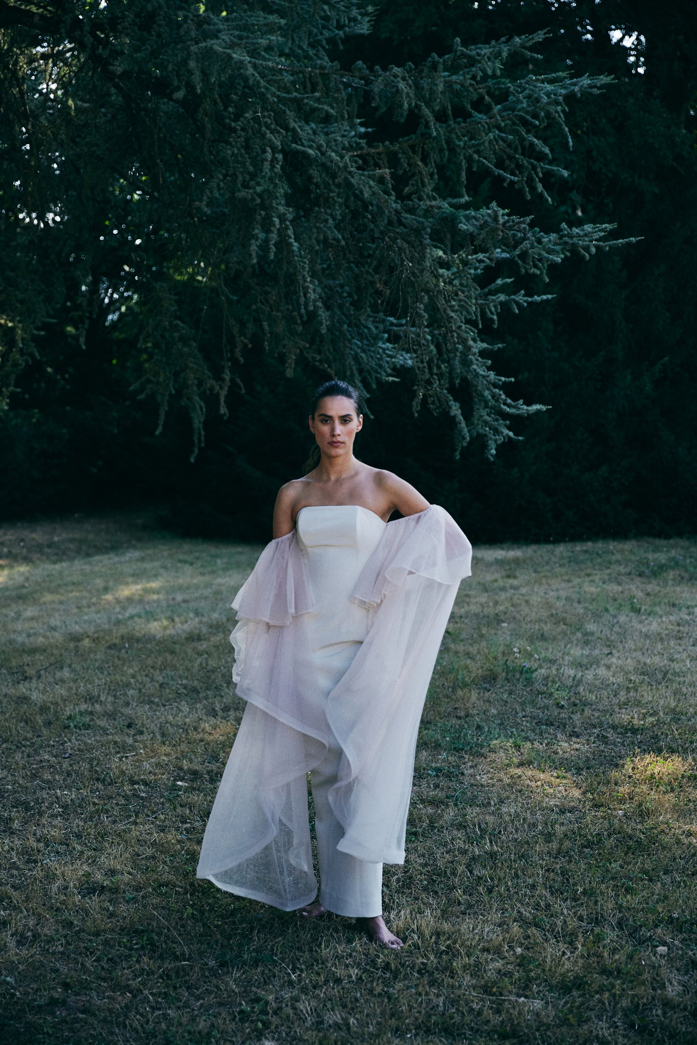 Silk Crepe gown with Cascading Tulle Sleeves