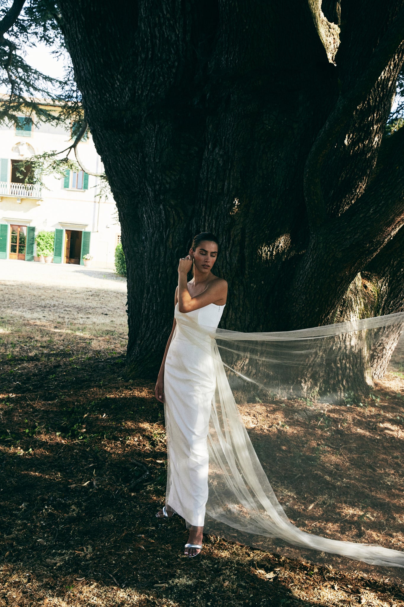 Off-white gown with Beige Tulle Overlay