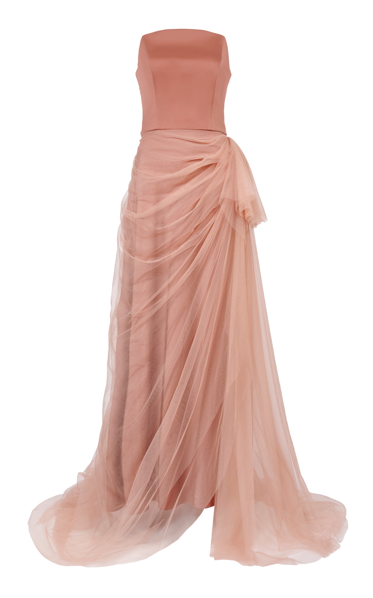 Satin Bustier Gown with Draped Tulle Overlay and Tulle Gloves