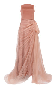 Satin Bustier Gown with Draped Tulle Overlay and Tulle Gloves