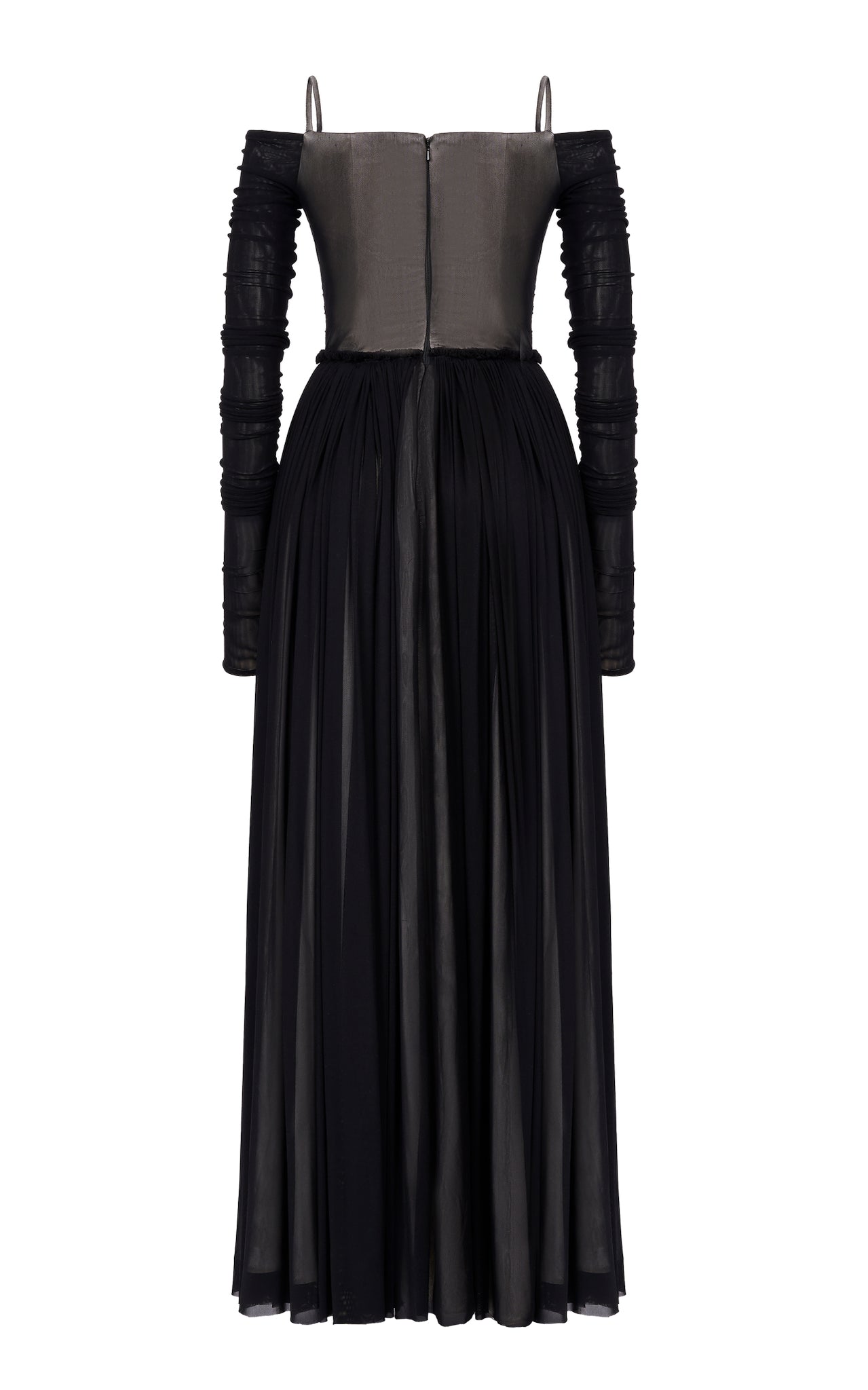 Gathered 4-way Stretch Tulle Jersey Gown with Fitted Sleeves
