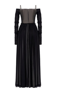 Gathered 4-way Stretch Tulle Jersey Gown with Fitted Sleeves