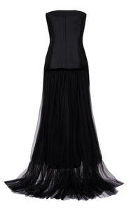 Strapless Mikado Skinny Gown with Tulle Train and Separate Stretch Gloves