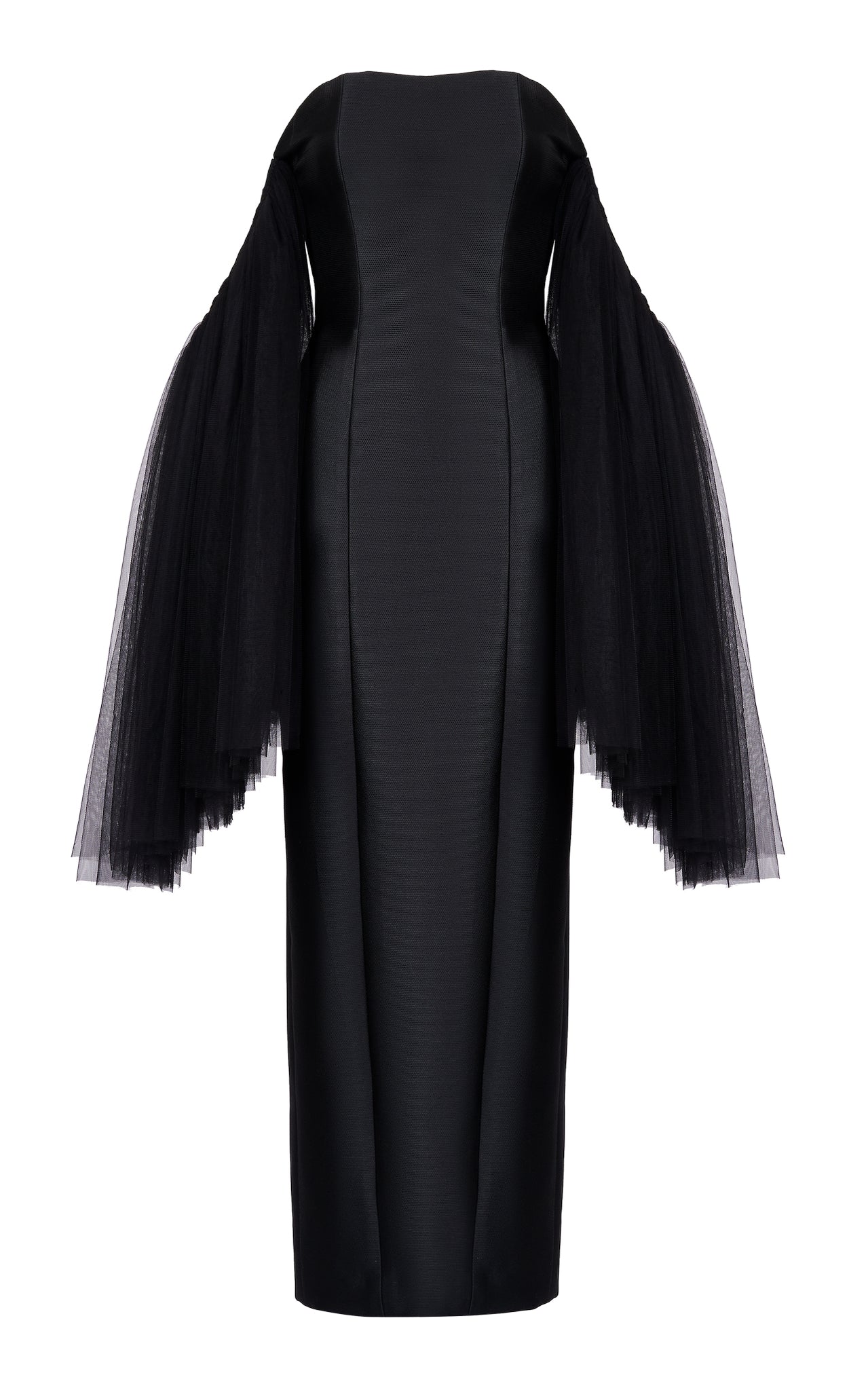 Black Strapless Mikado Pique Gown with Tulle Sleeve- Bazza Alzouman