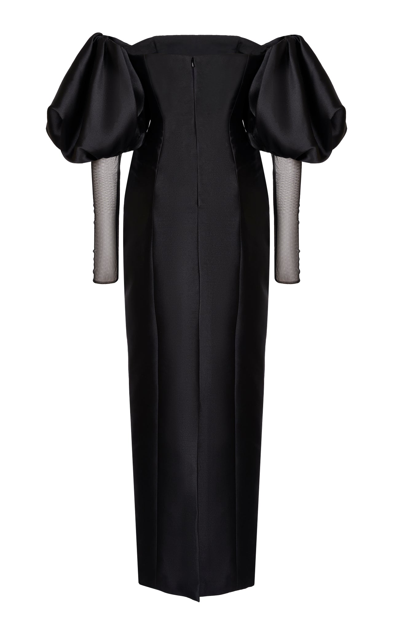 Off shoulder Mikado Gown with Puff Sleeve and Attached Fingerless Tulle Glove