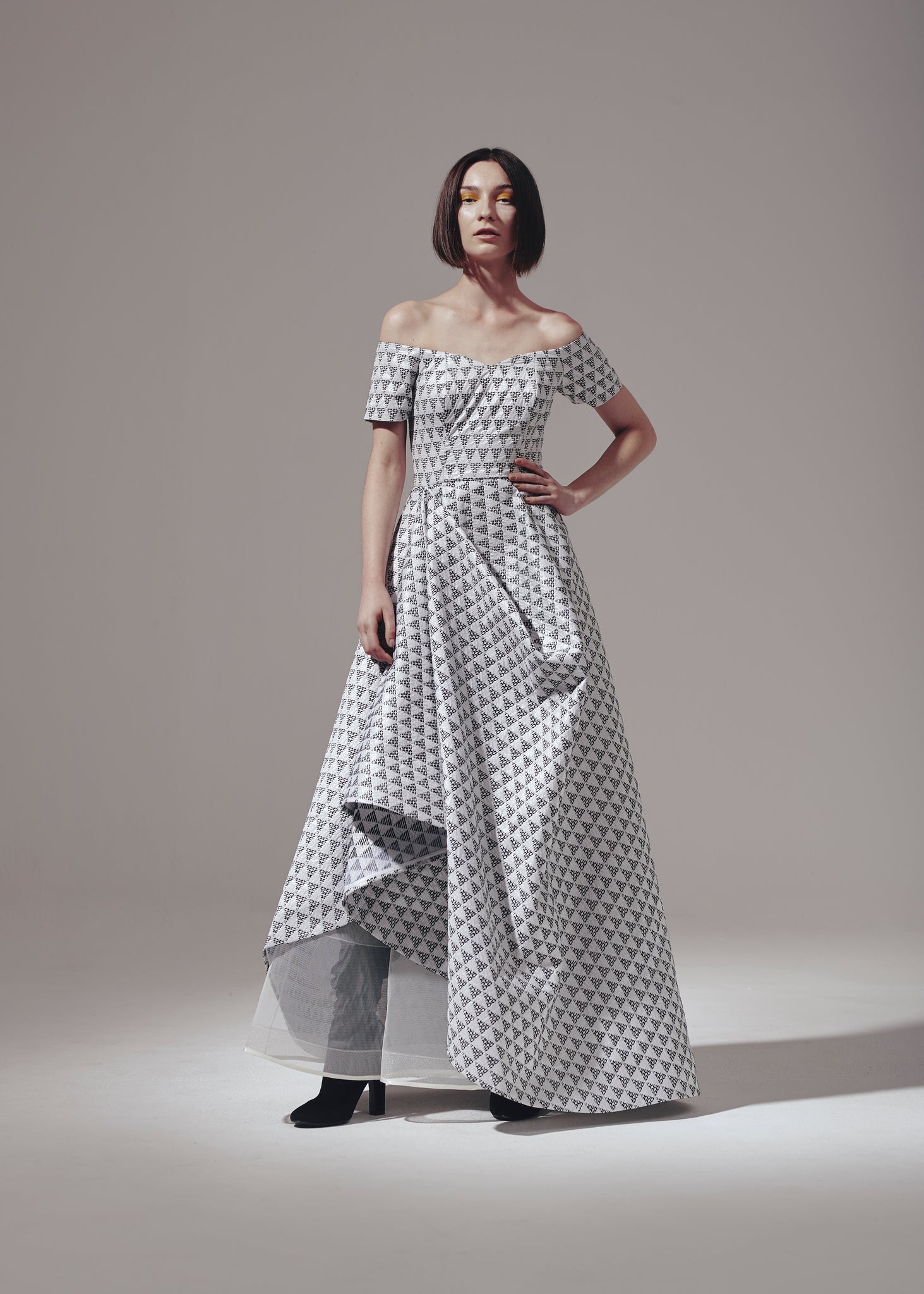 Off Shoulder Side Drape Brocade Gown