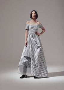 Off Shoulder Side Drape Brocade Gown