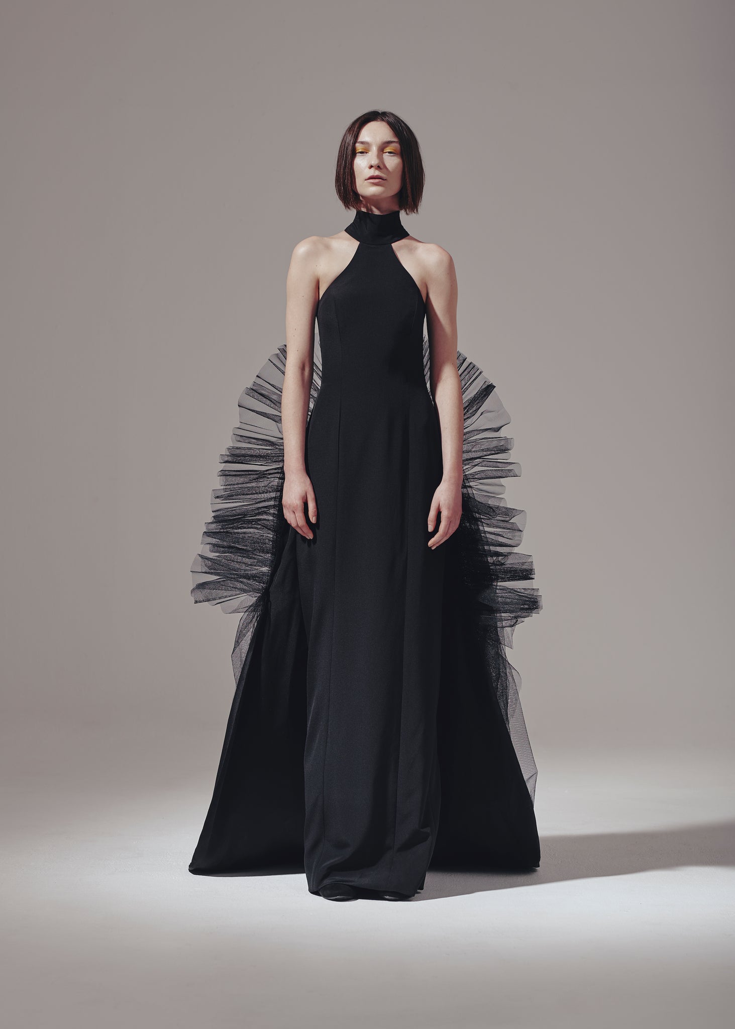 Black Silk Crepe High Neck Skinny Dress