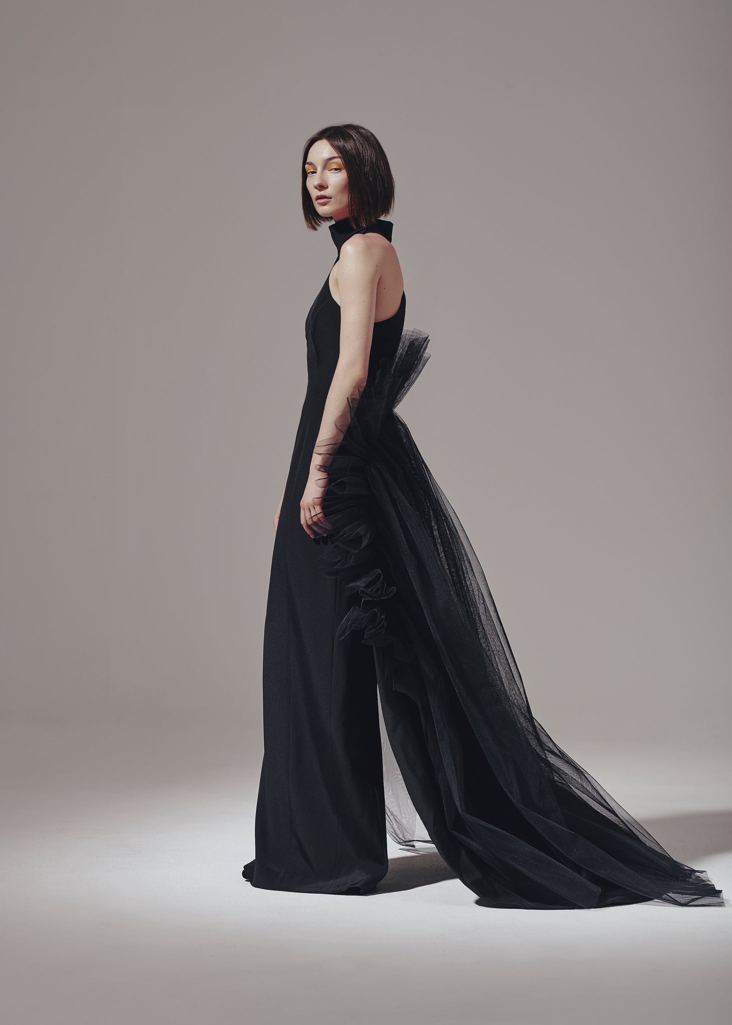 Black Silk Crepe High Neck Skinny Dress