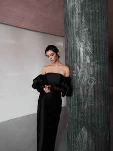 Off shoulder Mikado Gown with Puff Sleeve and Attached Fingerless Tulle Glove