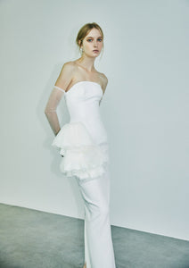 Strapless Crepe Gown with Tulle Sleeve and Side Tulle Drape