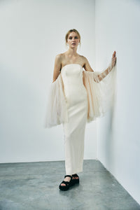 Strapless Dress with Cascading Tulle Sleeve
