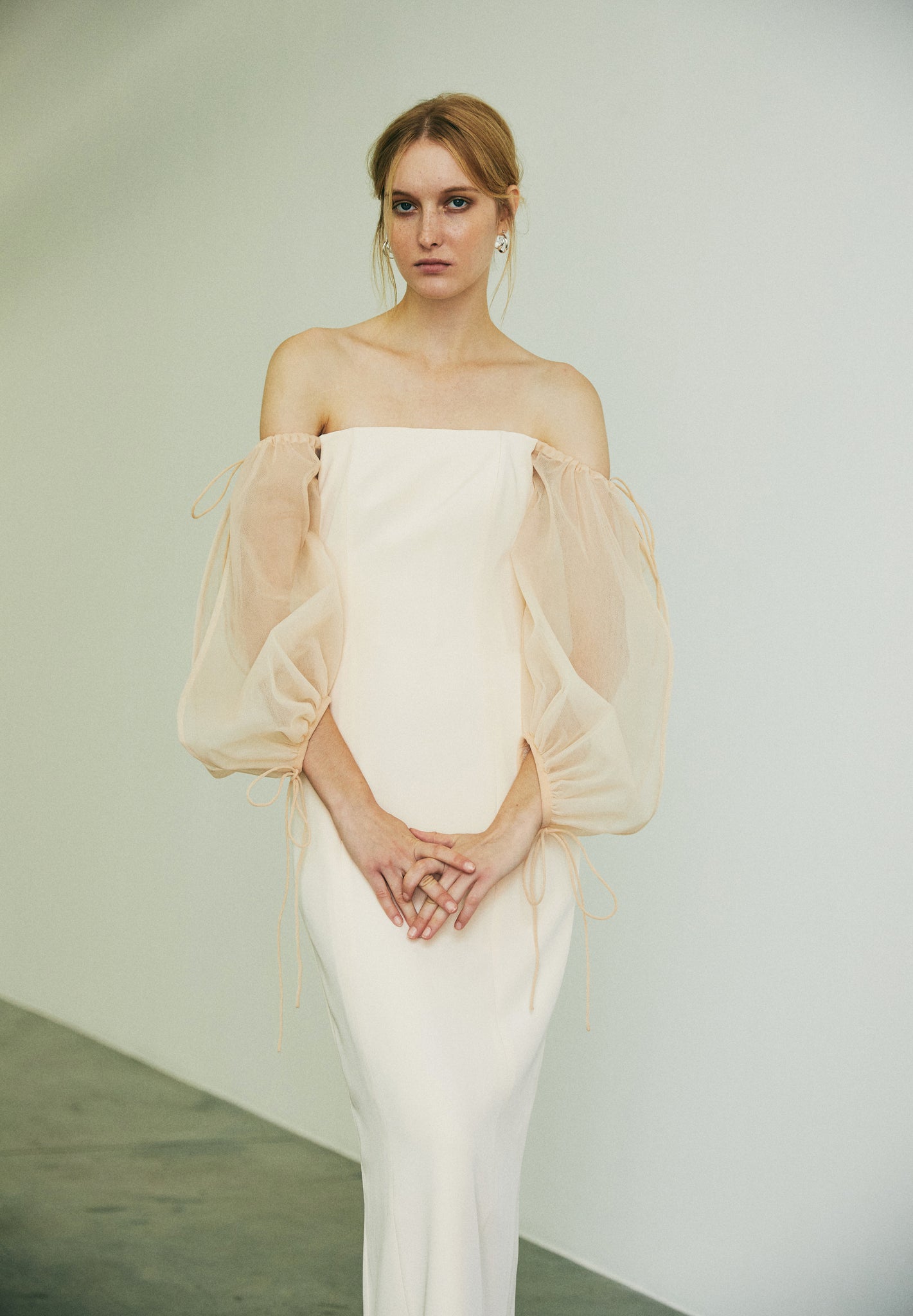 Off-Shoulder Fitted Gown with Tulle Puff Sleeve